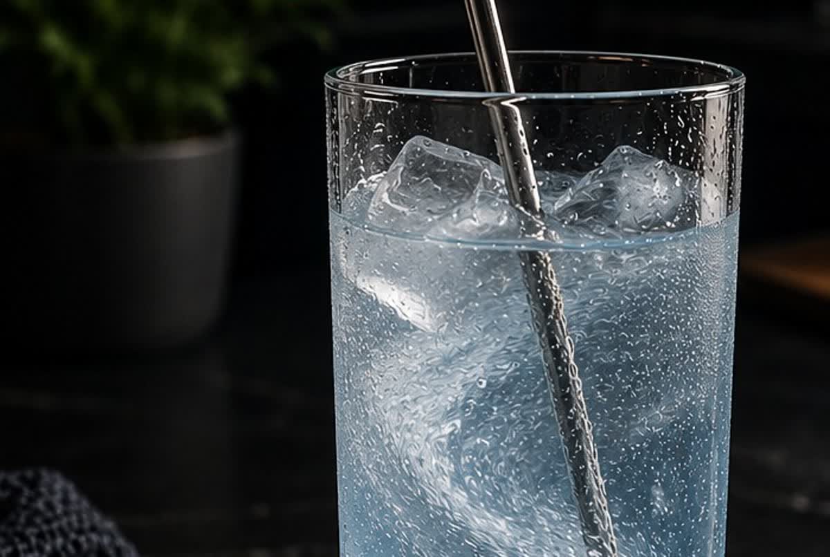 A glass of cold water being stirred on a dark counter