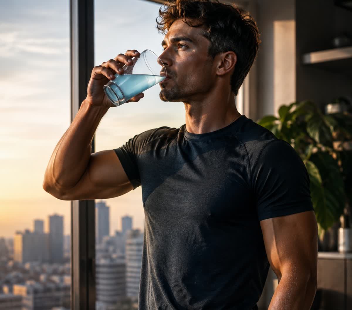 Drinking a glass of cold water by a window at sunrise